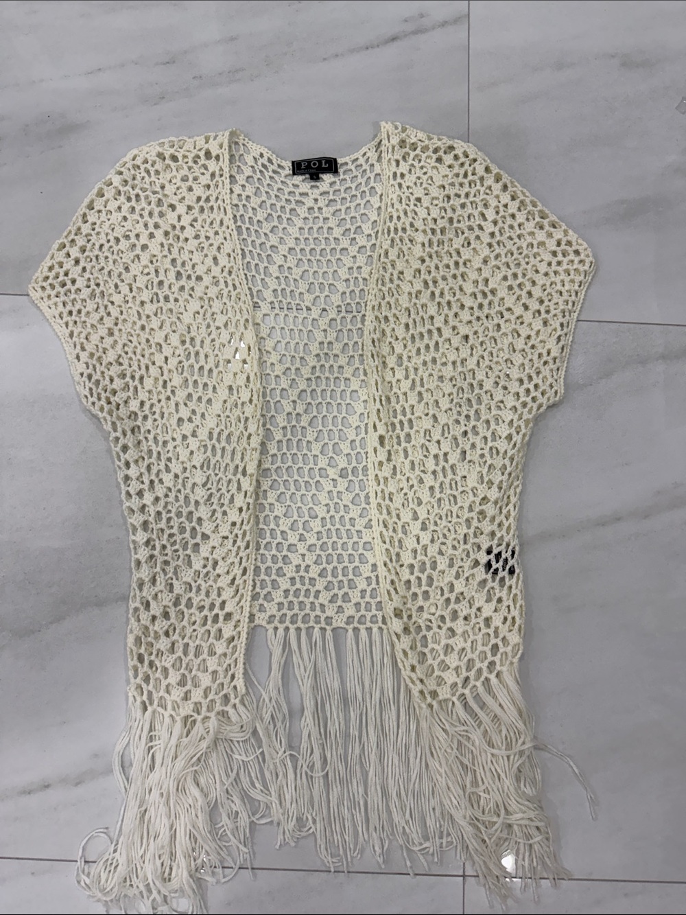 POL Open-Knit Fringe Short-Sleeve Shrug - Cream